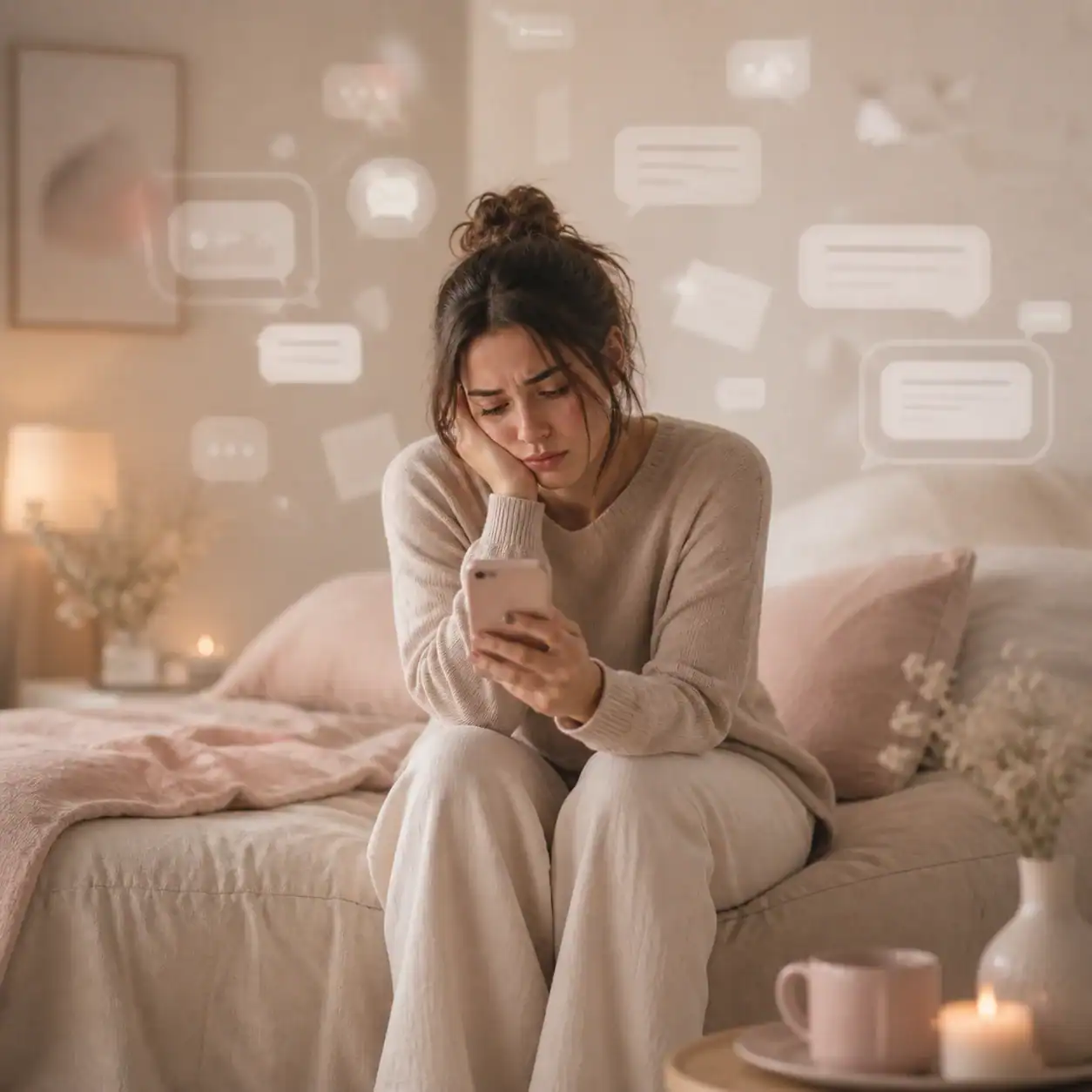 Mujer preocupada sintiendo carga emocional y sobrepensamiento